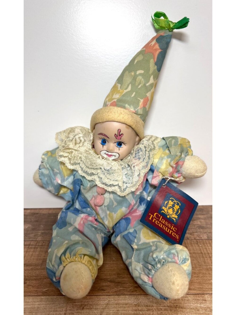 Classic Treasures Porcelain Clown Doll "Andria" 10" Pastel Floral Outfit